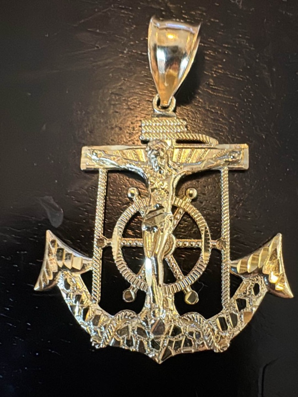10k real gold stamped and acid tested Nautical Anchor & Crucifix Pendant 1 3/4